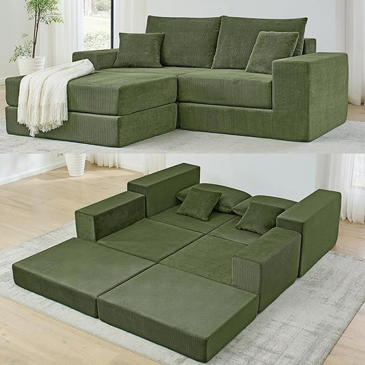 Boneless Couches for Living Room Modern Corduroy Couch Convertible Sleeper Sofa Folding Sofa Bed Mattress Couch for Bedroom Small Spaces - No Assembly Needed in Green
