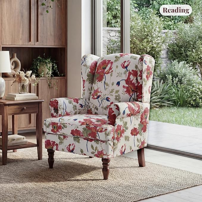 EROMMY Floral Accent Chair Comfortable High Back Upholstered Armchair with Solid Wood Legs Leisure Single Sofa Chair for Living Room Bedroom Home Office Pink Floral