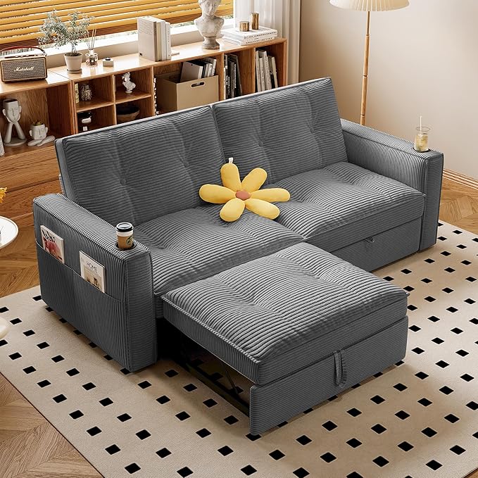 73.2 inch 2-in-1 Convertible Sofa Bed with Cup Holder | Space-Saving Sleeper for Small Apartments Dorms &amp Offices | Guest Ready in Seconds(Grey +Corduroy)
