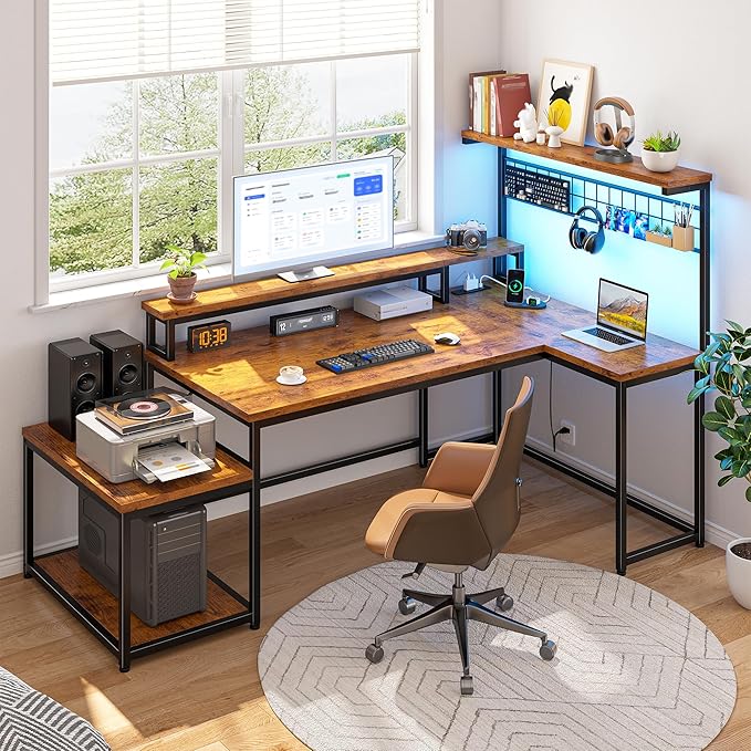 Gaming Desk with Shelves &amp Hooks 63.5L Shaped Computer Desk with LED Lights &amp Power Outlets &amp Monitor Stand and Printer Space for Home Office Writing Desk of Bedroom Living Room Rusti
