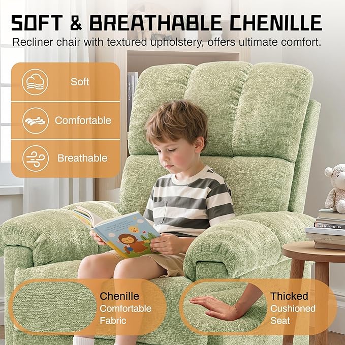 Recliner Chair Swivel Rocker Recliner Chair for Adults Small Recliners for Small Spaces Upholstered Manual Recliner with Side Pockets Nursery Rocking Chair for Living Room Chenille Green