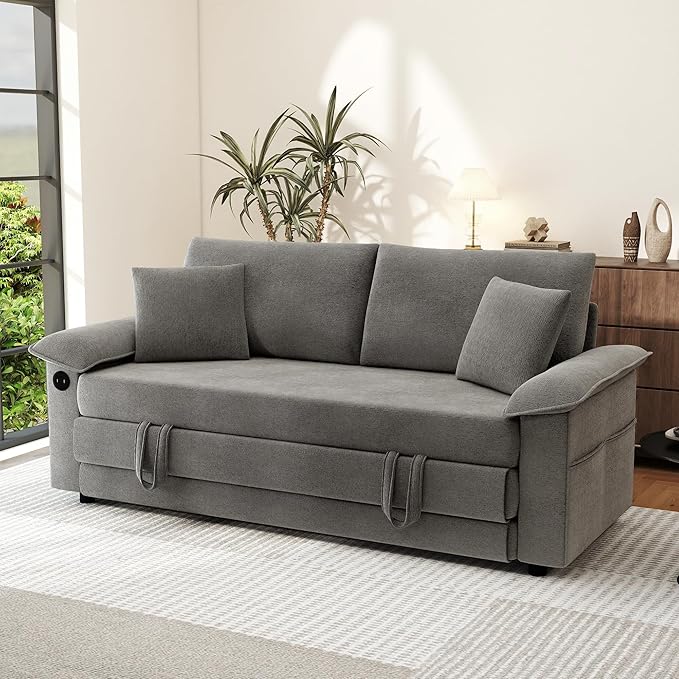 SUNWAVE Oversized Loveseat Sleeper Sofa 77 Convertible Sofa Bed 2-Seat Pull Out Couch w/USB Chenille Queen Folding Sofa Bed for Living Room Small Spaces Bedroom (Gray)