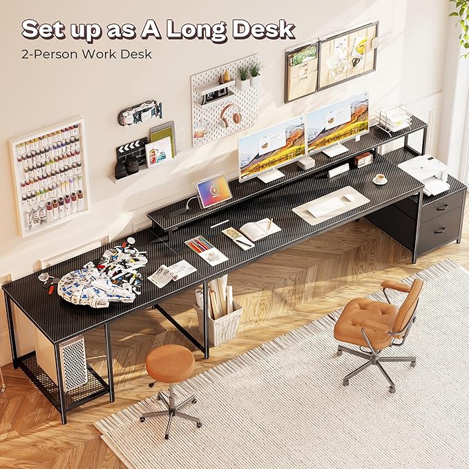 PRAISUN 66 L Shaped Gaming Desk with LED Lights &amp Power Outlets Computer Desk with Fabric Drawers and Print Stand Corner Office Desk Monitor Stand Mesh CPU Stand Carbon Fiber Black