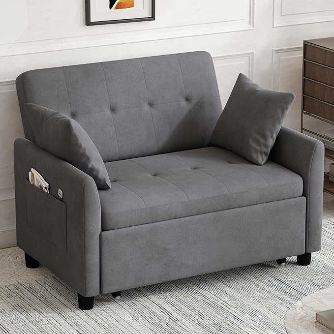 Sleeper Sofa Bed 3 in 1 Convertible Sleeper Couch Bed Pull Out Small Loveseat Sofa Futon Sofa Bed 46 Velvet Love Seat with Pillow and Phone Holder for Living Room Grey
