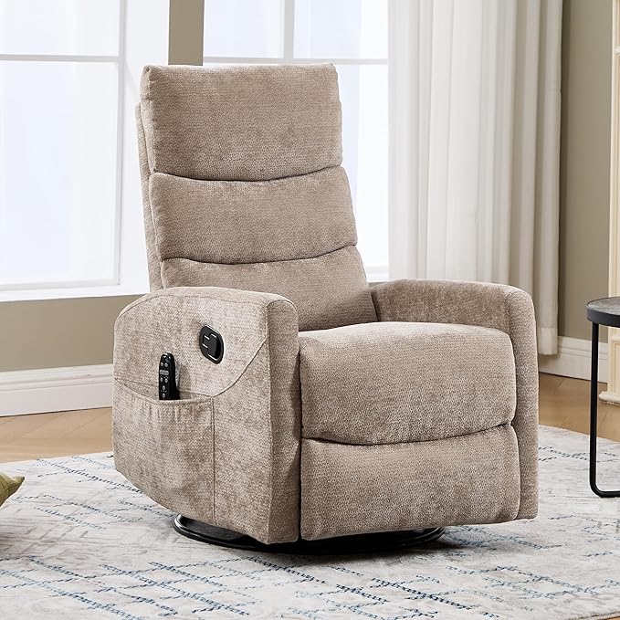 KEIKI Standard Massage Recliner Chair with Heat Swivel Rocker for Living Room Heated Home Theater Seating with Vibration Modes in Chenille