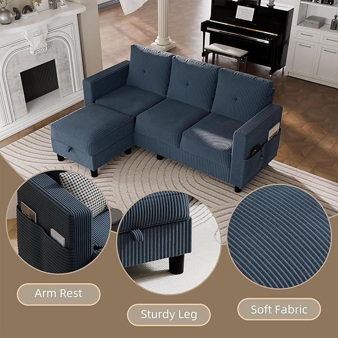 JAMFLY Convertible Sectional Couches for Living Room L-Shaped Couch 3 Seat Sectional Sofa Set with Polyester Fabric and Movable Ottoman Small Couch for Apartments Office(Blue)