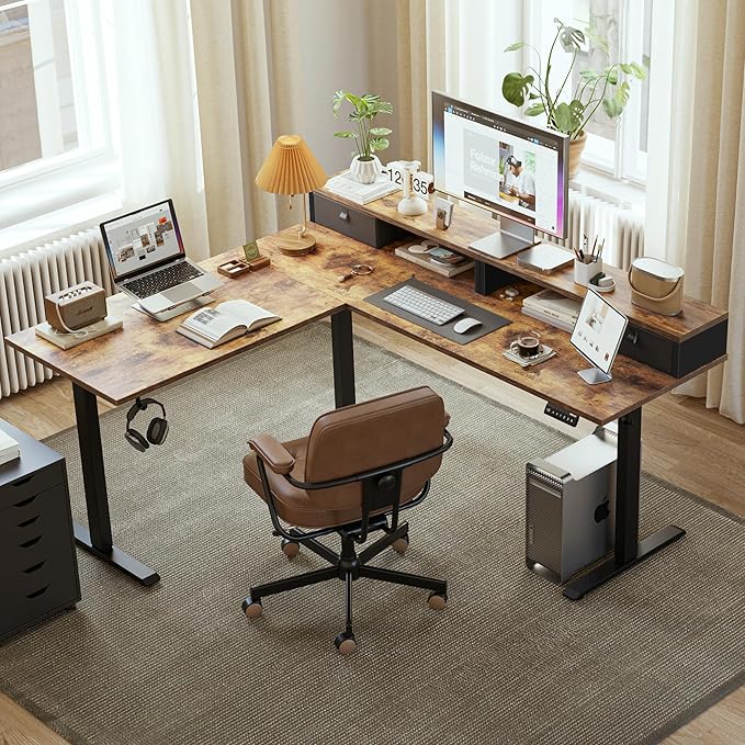 Agilestic L Shaped Electric Standing Desk with 2 Drawers 63 Inch Ergonomic Adjustable Height Desk with Storage Corner Desk Sit Stand up Computer Table for Work Office Home Rustic Brown
