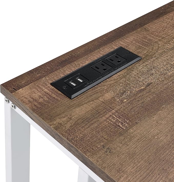 Walnut and White Writing Desk with USB Port - Spacious Rectangular Design - Open Base - for Home Offices &amp Bedrooms