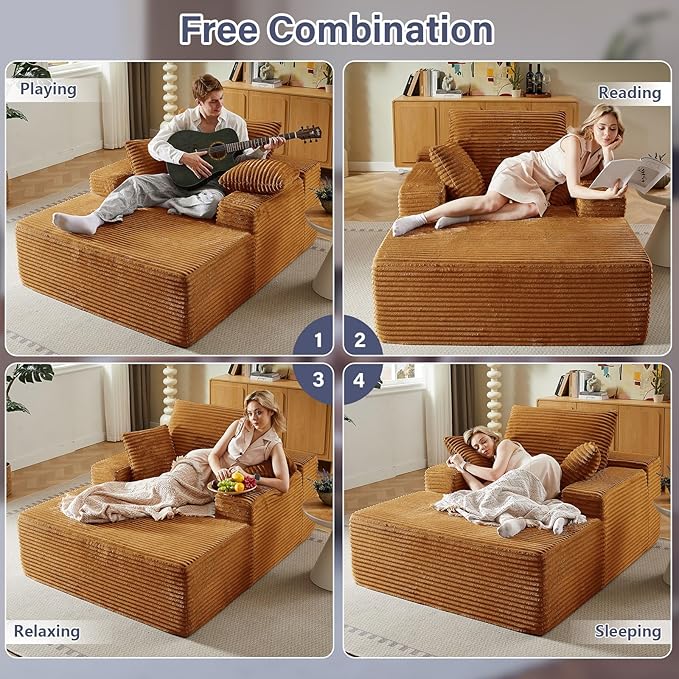 49.2 Oversized Chaise Lounge Chair Indoor Modern Upholstered Deep Seat Sofa Bed Sleeper Couch Reading Chairs Comfy Corduroy Cloud Sofas Couches for Living Room No Assembly Orange