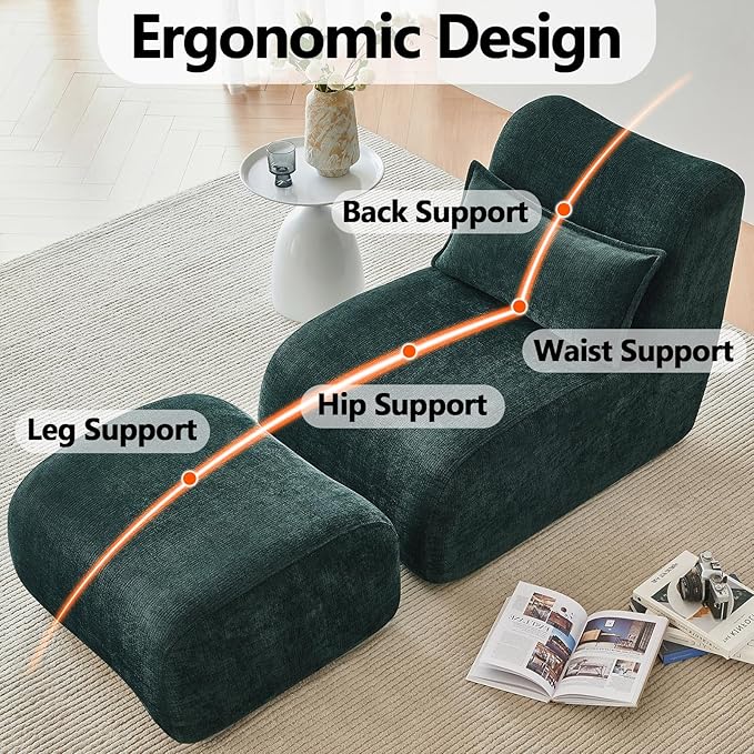 27” Oversized Lazy Sofa Chair and Ottoman Set Chaise Lounge Chair Indoor with Pillows Comfy Reading Couch for Adults Suitable for Living Room Small Spaces Memory Foam Chenille (Green-2)