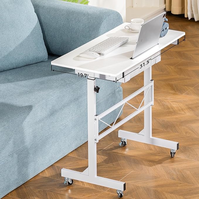 GTPLAYER Small Mobile Standing Desk 32In Wide Adjustable Height Stand Up Desk for Home Office Portable Sit Stand Rolling Computer Desk with Wheels Storage Drawer and Slot Carbon Fiber Style White