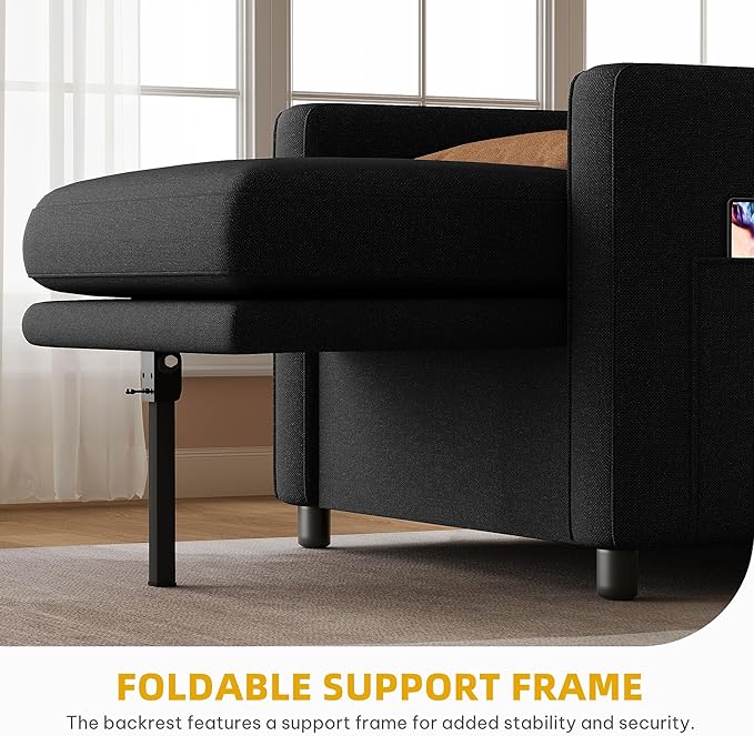 YITAHOME Convertible Sofa Chair Bed 3-in-1 Sleeper Sofa with Pull-Out Bed Linen Fabric Single Sleeper Chair with Reclining Backrest and Wide Armrest Modern Lounge Sofa for Small Space Black