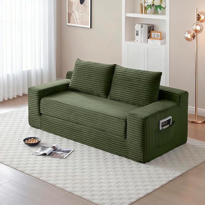 73 Convertible Sofa Bed 2 in 1 Corduroy Folding Couch with Pillows No Assembly Boneless Compression Sofa in Box Loveseat with Side Storage Pocket for Apartment Living Room Green