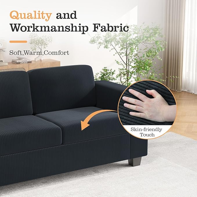 Apicizon Modern Loveseat &amp 3-Seater Sofa Set of 3 Corduroy Couch 3 Piece Sofa Set for Living Room Modern Lounge Sofa Couches for Apartment Lounge Black Corduroy