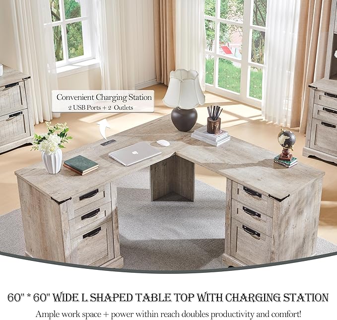 RedLemon 60 Farmhouse L Shaped Desk with Drawers Wood Home Office Corner Executive Desk with Charging Station File Drawer Storage Cabinet Rustic Computer Writing Desk (Light Rustic Oak)
