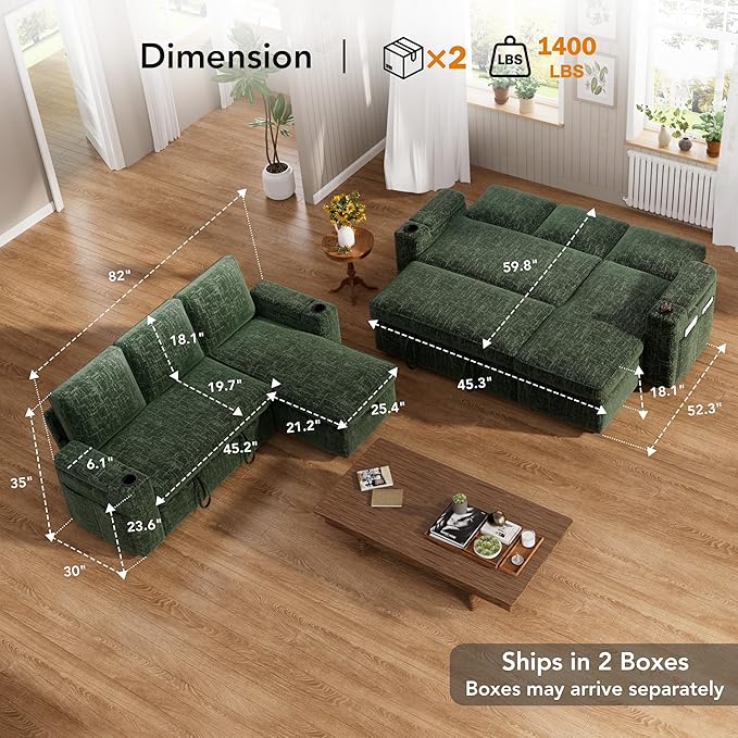 Vipbear Sectional Sleeper Sofa with Pull Out Bed 82 L Shaped Couch Sleeper Sofa with Reclining Backrest/Reversible Storage Chaise/Armrest Storage/Cup Holder/Side Pocket Tool-Free Assembly Green