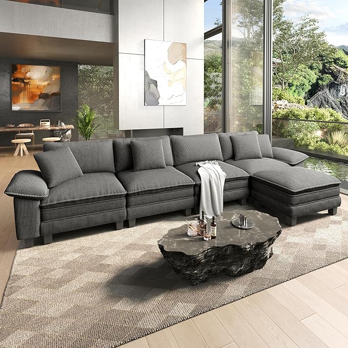 HERA'S HOUSE 158 Modular Sectional Sofa Oversized L Shaped Couches for Living Room Comfy Cloud Couch with Ottoman 5-Seater Deep Seat Sofa with Throw Pillow Corduroy Grey