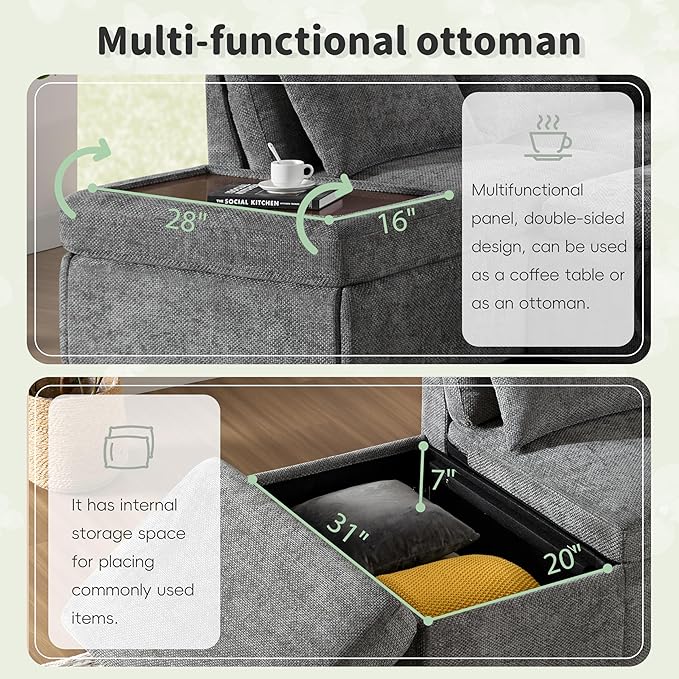 Modular Sectional Sleeper Sofa Bed 107'' Pull Out Bed Sectional Sofa with Free Movement Storage Ottoman L-Shape with Wide Seats Oversized Chenille Sofa for Living Room (Grey/512)