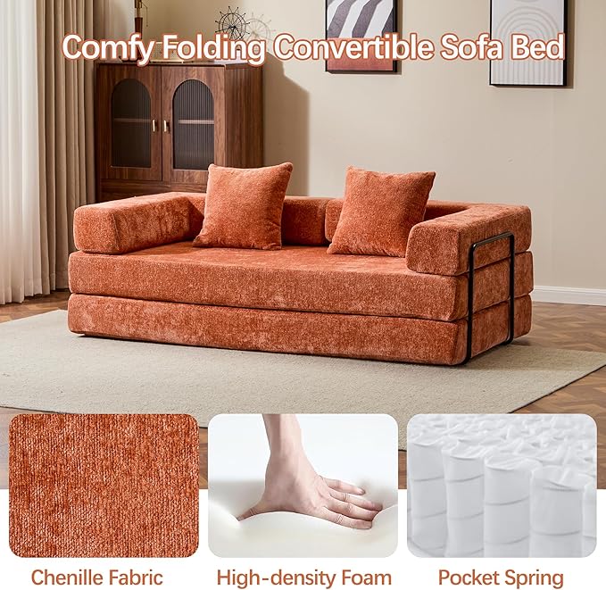 Folding Convertible Sofa Bed 4-in-1 Boneless Couch Sleeper Sofa 76.8'' Chenille Foldable Mattress Couch with Fixed-Shape Frame Floor Sofas Modular Futon Couches for Living Room Orange