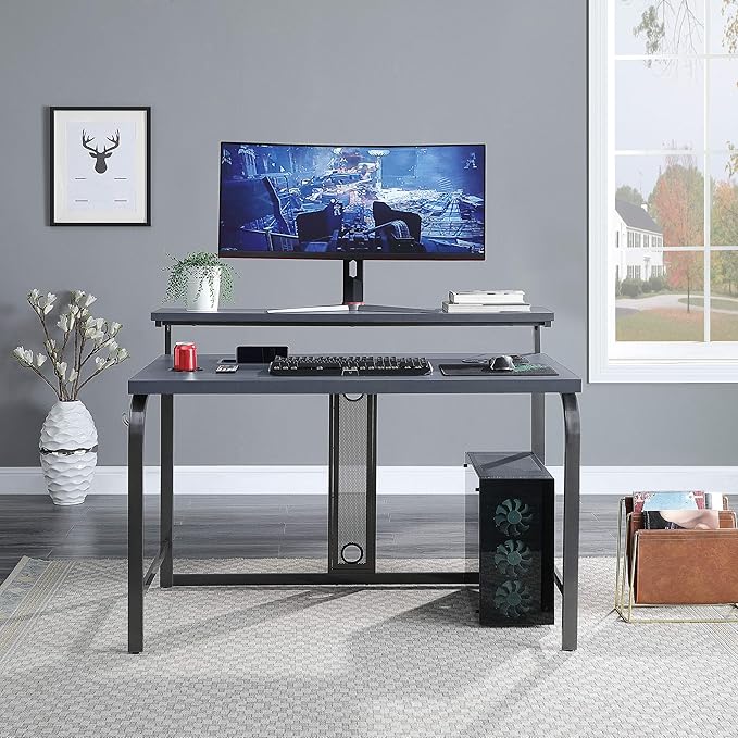 OSP Home Furnishings Reload Gaming Desk with Wireless Charging USB Power Hub and Remote Controlled RGB LED Lights Matte Grey Carbon Fiber