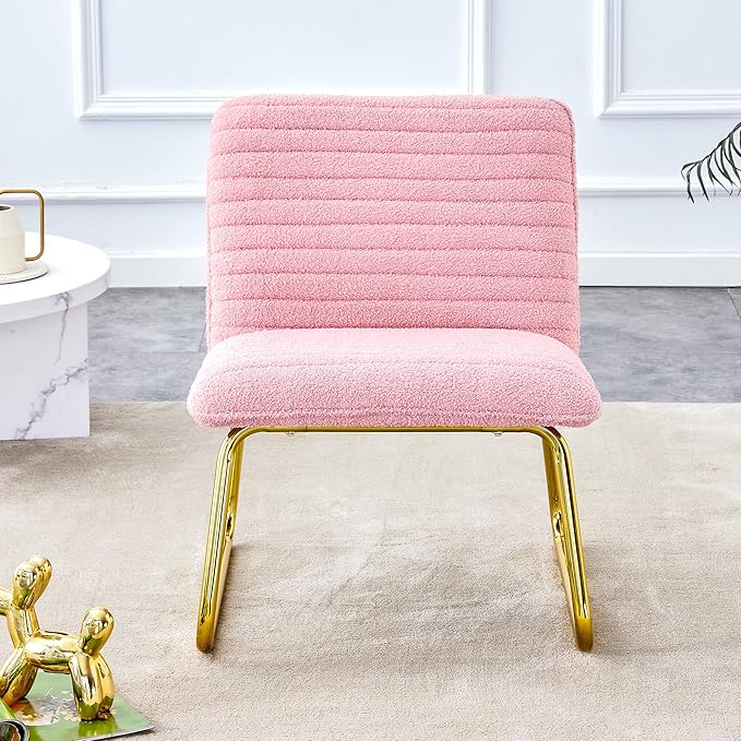 Modern Minimalist Pink Plush Fabric Single Person Sofa Chair with Golden Metal Legs. Suitable for Living Room Bedroom Club Comfortable Cushioned Single Person Leisure Sofa RR79