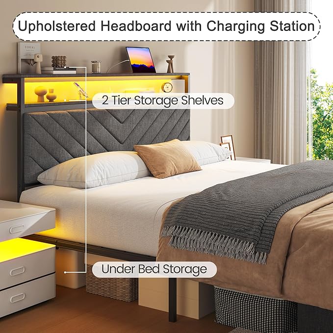 Queen Bed Frame with 2 Drawers Upholstered Headboard with Storage and Charging Station LED Lights Fabric Drawers with Wheels Under Bed Storage No Box Spring Needed Easy Assembly Grey