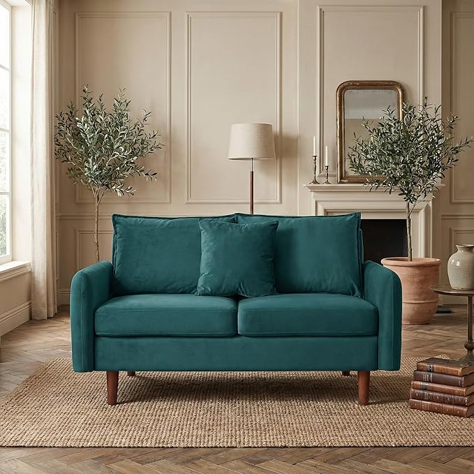 56.1 Round Arm Velvet Loveseat with Side Pockets and a Square Pillow (Dark Cyan) | Side Storage Pockets Pillow Included