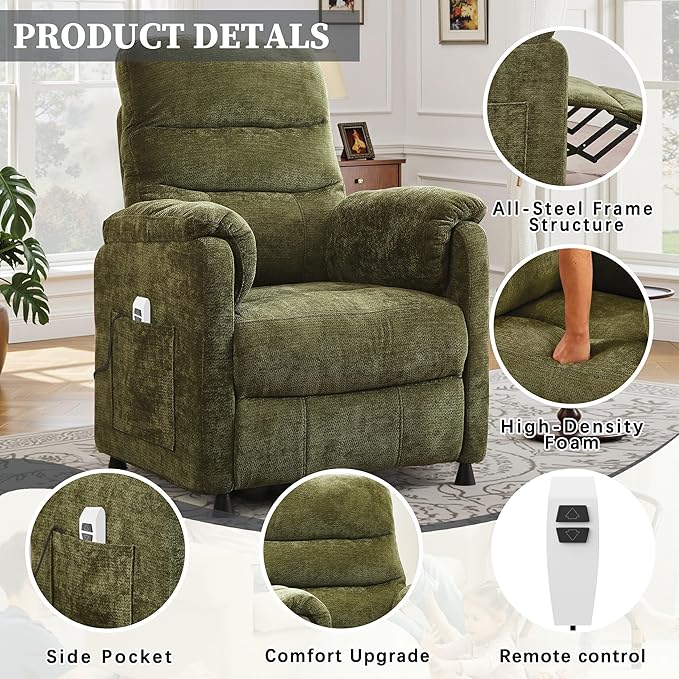 Holaki Power Recliner Chair Chenille Living Room Chairs Reading Lounge Chair Home Theater Seating with Adjustable Backrest and Footrest for Small Spaces Nursery(Green)
