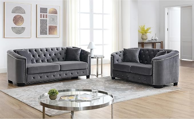 2 Piece Modern Chesterfield Velvet 77 3-Seater+59 Loveseat Sofa Set Upholstered Tufted Backrests with Nailhead Arms and 4 Cushions for Living Room Bedroom ApartmentGrey