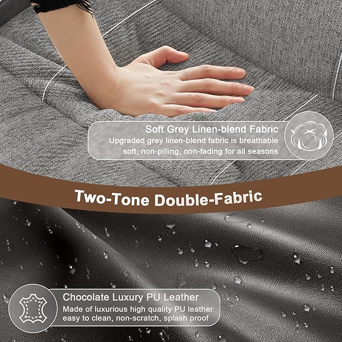 Recliner Sofa 2 - Way Multi - Function Manual 3 Seater Couch with Cup Holders Storage &amp USB Ports Modern Multifunctional Sofa Grey Linen &amp Leather Reclining Couch for Living Room