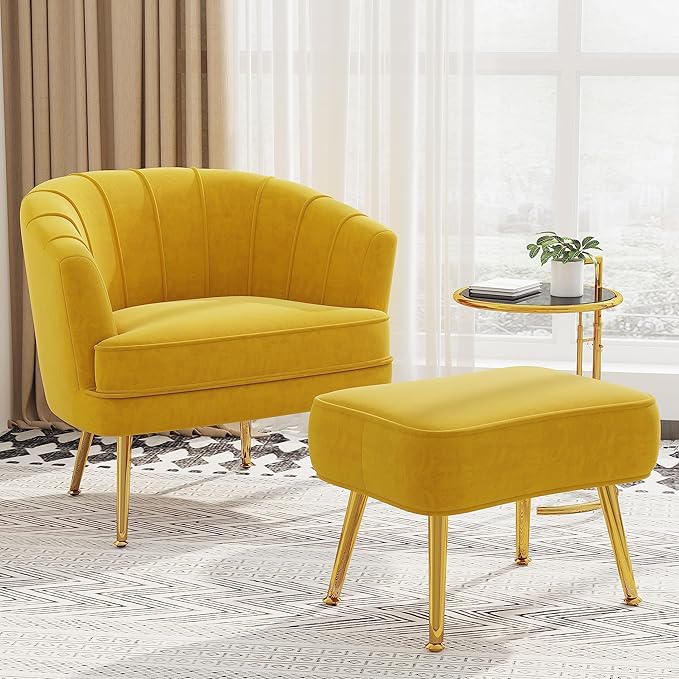 Velvet Accent Chairs with Ottoman for Living Room Bedroom Office Leisure Upholstered Single Sofa Chair Arm Chair Comfy Chair Reading Club Coffee Chair with Metal Legs Yellow