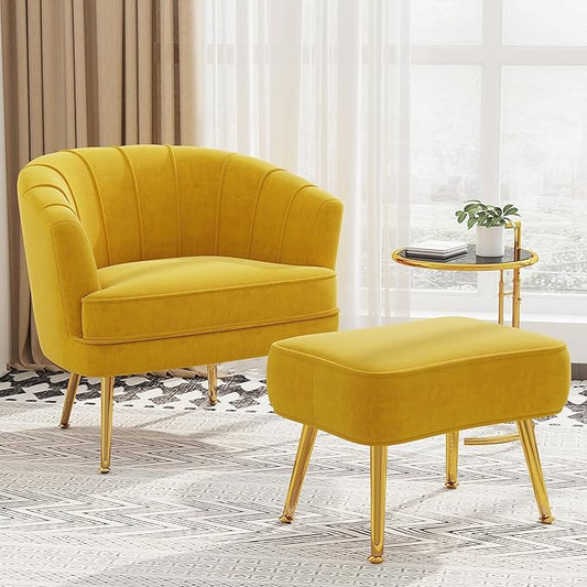 Velvet Accent Chairs with Ottoman for Living Room Bedroom Office Leisure Upholstered Single Sofa Chair Arm Chair Comfy Chair Reading Club Coffee Chair with Metal Legs Yellow