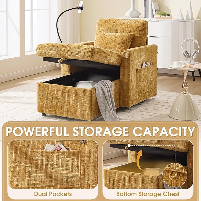 HOMEFUN Sleeper Chair Bed Lazy-Friendly Indoor Chaise Lounge with Storage Cell Phone Bracket Multifunctional Sofa for Bedroom Living Room Small Space Adults