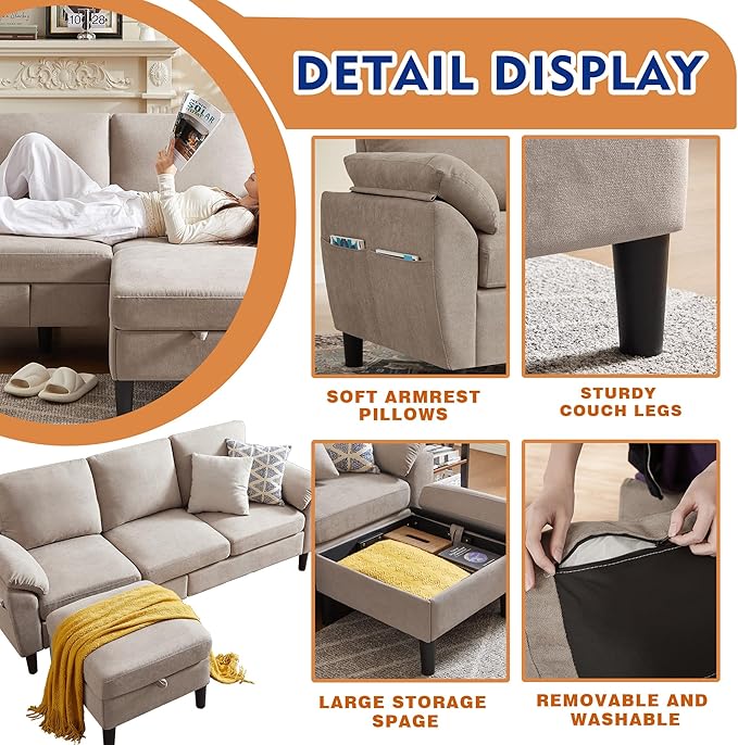 3 Piece Convertible Sectional Sofa Set Modern Linen Small L Shaped Couch with Reversible Ottoman and Accent Chair 3-Seat Sofa Couches for Living Room Office Apartment Beige