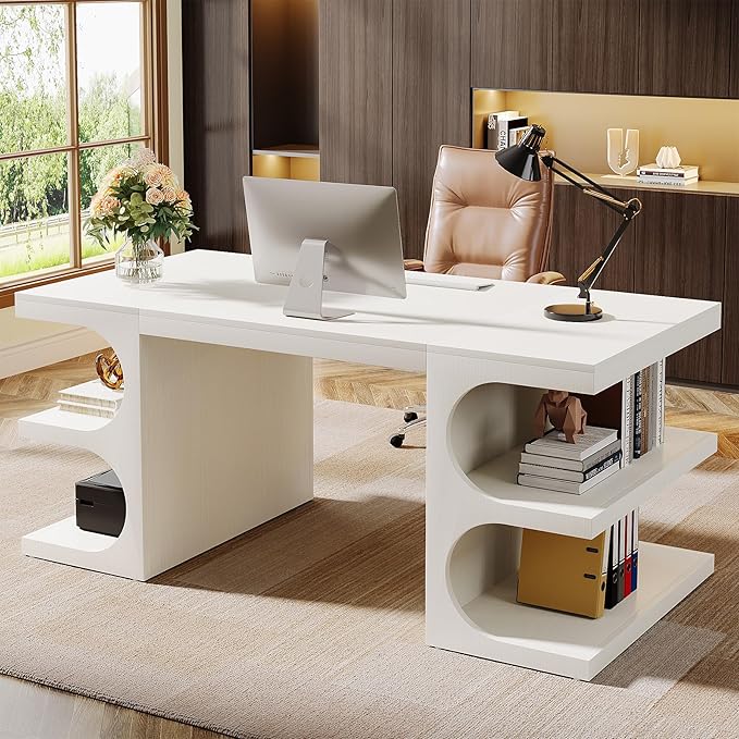Tribesigns Modern Executive Office Desk 63-Inch Large Computer Home Office Desk with Storage Shelves Wood Study Writing Table Workstation Business Furniture White