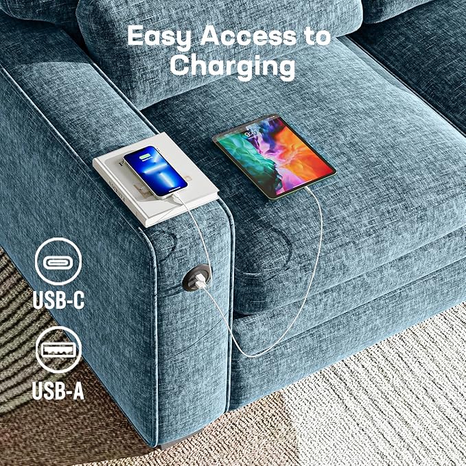 Marsail Pull Out Sofa Bed Queen Size Sleeper Sofa with Memory Foam Mattress 2 USB Charging and Removable Covers Loveseat for Living Room Apartment Supports 600 LBS Chenille Fabric Blue
