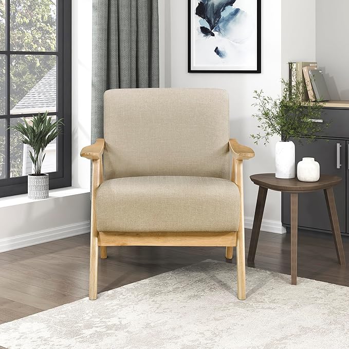 Lexicon Mid Century Modern Accent Chair with Solid Wood Frame in Natural Finish Textured Fabric Living Room Lounge Arm Chair Thick and Comfy Innerspring Seat Cushion Linen-Look Fabric Light Brown