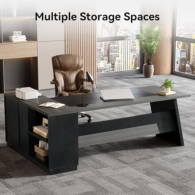 LITTLE TREE 78-Inch Executive Office Desk with File Cabinet Large Modern Corner Office Desk for Home Office 3-Drawer Wood File Cabinet Spacious Workstation for Home Office (Grey &amp Black)