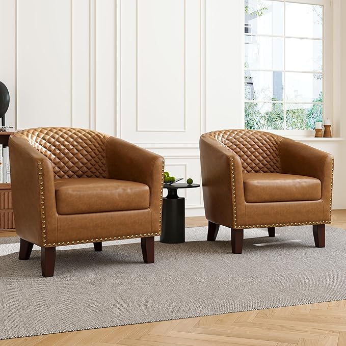 Accent Barrel Chair Upholstered Faux Leather Club Chair with Nailed Trim Comfy Reading Armchair for Living Room Bedroom Reception Room Office (Coffee Set of 4)
