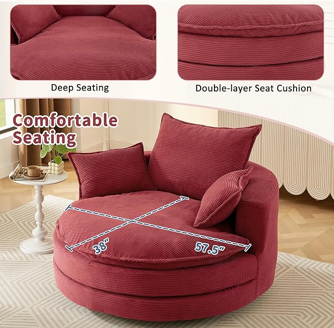 Merax 360° Swivel Sofa Chair 57.5 Oversized Round Barrel Accent Chair with Dual-Layer Cushion &amp 3 Pillows for Living Room Bedroom Office - CorduroyRed