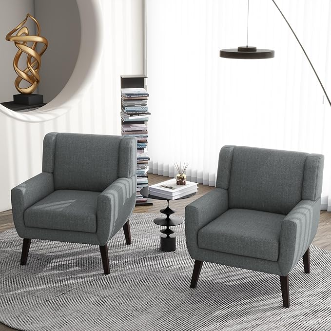 Accent Chair Comfy Mid Century Modern Small Armchairs with Solid Wood Frame and Soft Cushion for Living Room Bedroom (GreySet of 1)