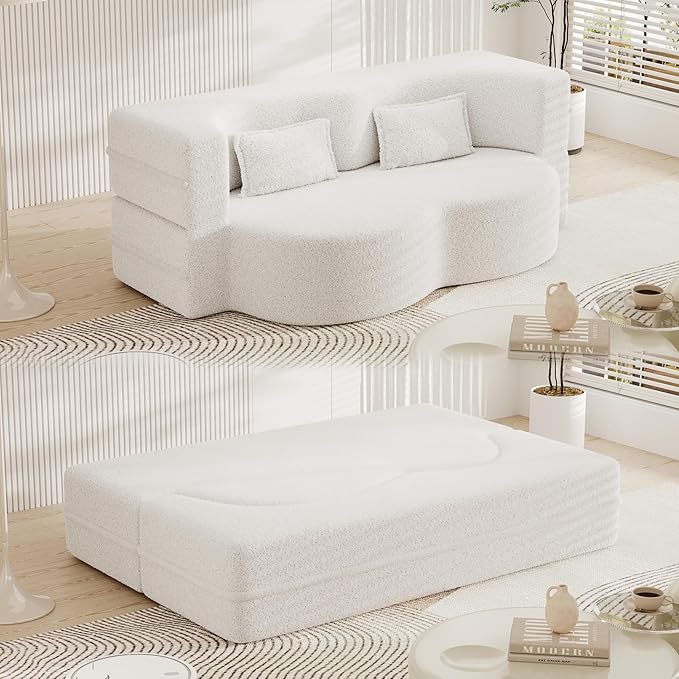 Floor Sofa Futon Cloud Couch Convertible Sofa Bed with 2 Pillows Teddy Fabric Foam-Filled Loveseat Sleeper Sofa Couches for Living Room 15 Full Size Folding Mattress No Assembly Required (Beige)