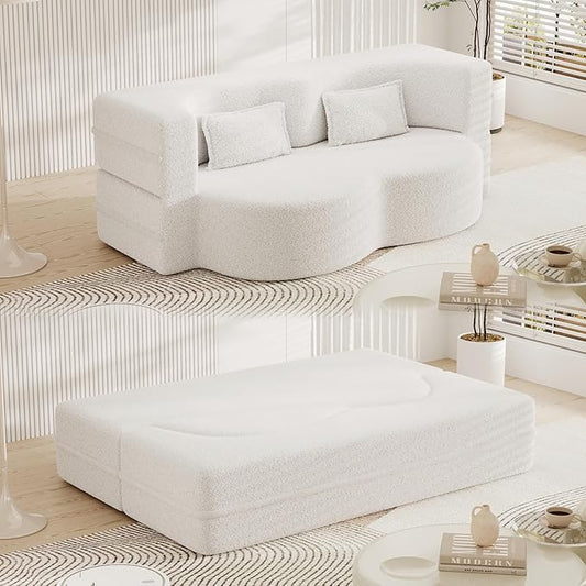 Floor Sofa Futon Cloud Couch Convertible Sofa Bed with 2 Pillows Teddy Fabric Foam-Filled Loveseat Sleeper Sofa Couches for Living Room 15 Full Size Folding Mattress No Assembly Required (Beige)
