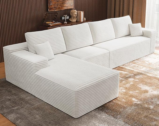 3-Piece Boneless Modular Sectional Sofa Cloud Couch with Left Facing Chaise Oversized Deep Seat Soft Corduroy Fabric Sectional Couch for Living Room-White