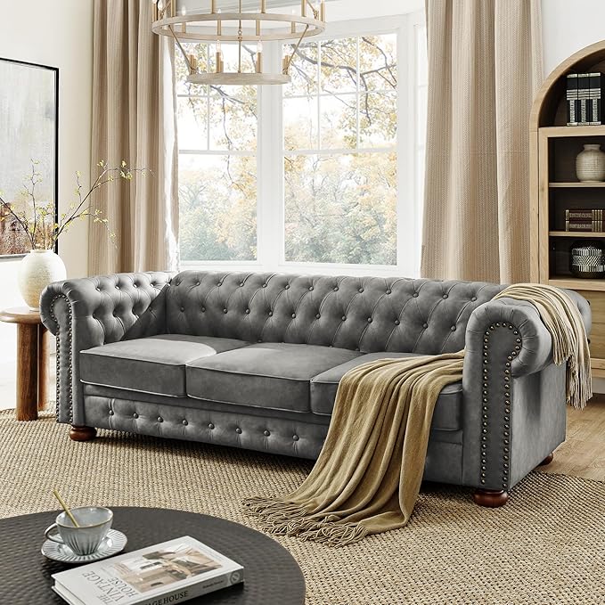88.5 Upholstered Chesterfield Couch Modern 3 Seater Sofa with Tufted Back and Scrolled Arms Wood Leg Nailhead Sofa for Living Room Office Apartment Small Space Linen Upholstered Dark Gray