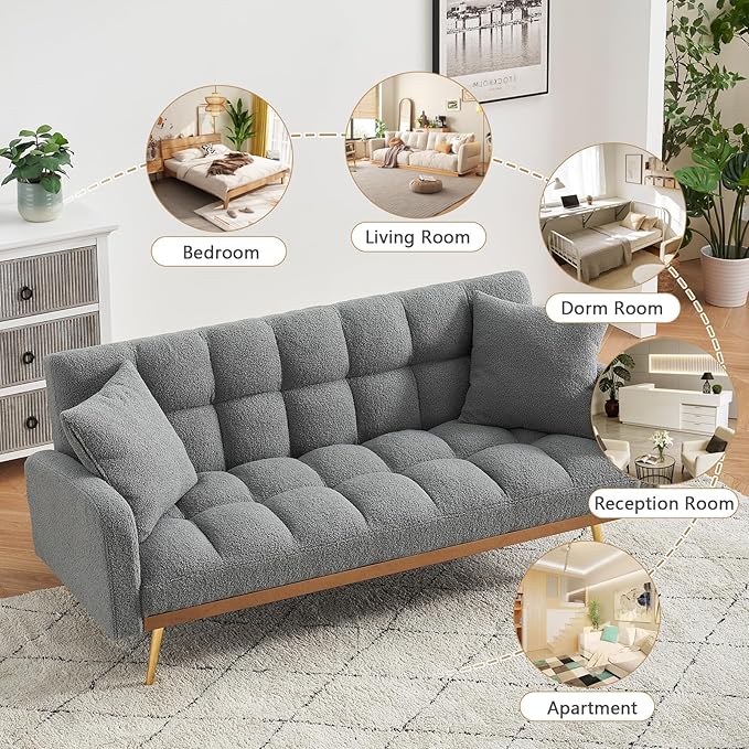 Teddy Futon Sofa Bed69 Modern Small Love Seat Couch for Small SpacesConvertible Tufted Sleeper Sofa Loveseat Couch Bed with Gold Metal Legs for Living RoomBedroomApartment (Teddy Grey)