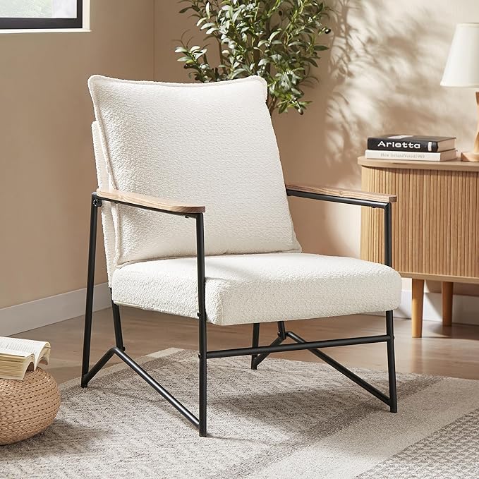 Art Leon Accent Chair - Modern Boucle Fabric Arm Chair Upholstered Lounge Chair with Metal Legs for Living Room Bedroom Reception Room White
