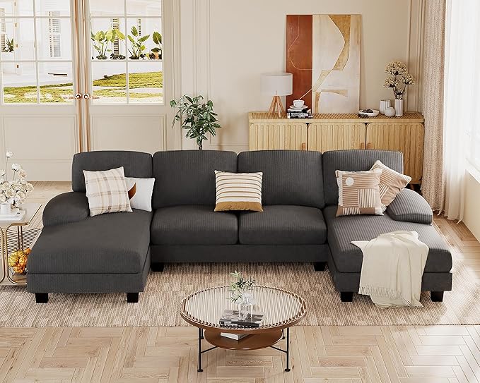 JUMMICO Sectional Couches for Living Room U Shaped Couch with Chenille Fabric 4 Seat Modern Sofa with Removable Pillows for Apartment and Small Space (Corduroy Light Grey)