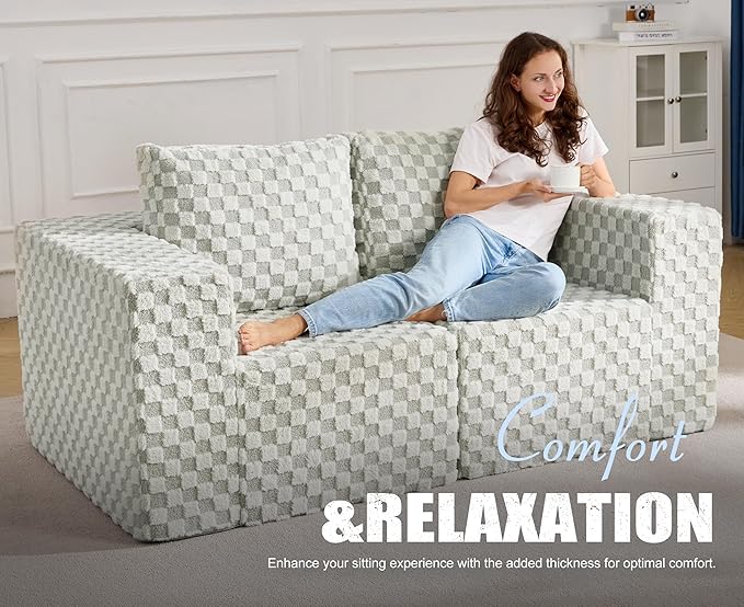 Modular Sectional Sofa 2 Seater Loveseat Modular Couch with Deep Seat Memory Foam Cloud Sofa Chair with Pillows Oversized Sectional Sofa for Living Room Bedroom (Plush GREYOLIVE Loveseat)