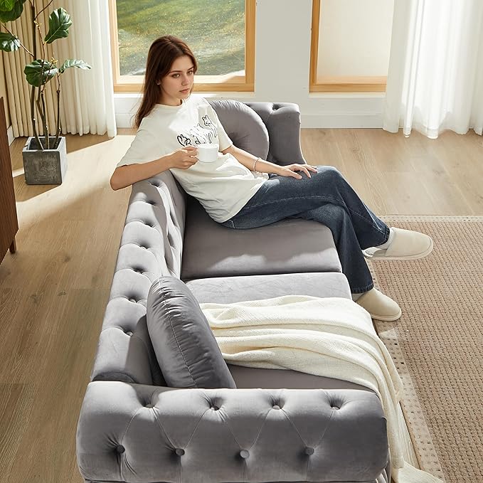 82 Comfy Chesterfield Sofa with Rolled Arms &amp Pillows 3 Seater Retro Velvet Couch Mid Century Modern Love Seat with Gold Trim and Legs Soft Deep Seat Tufted Couches for Living Room (Grey)